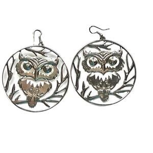 Adorable 2 1/4" Owl Silver Tone Earrings Hook Pierced Ears Light Thin